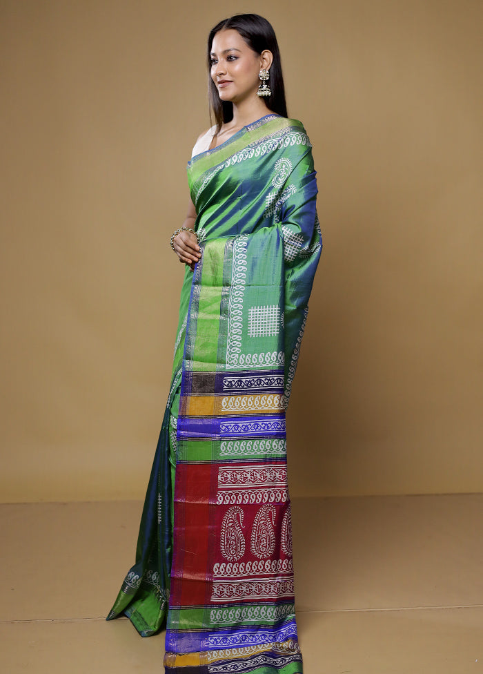 Green Pure Bishnupuri Silk Saree With Blouse Piece