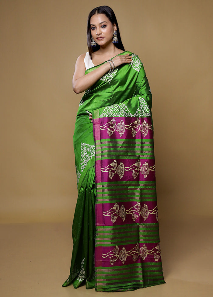 Green Pure Bishnupuri Silk Saree Without Blouse Piece