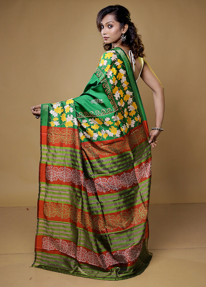 Green Pure Bishnupuri Silk Saree Without Blouse Piece