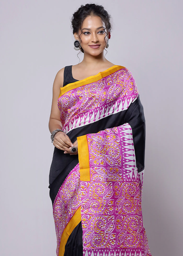 Black Printed Pure Silk Saree Without Blouse Piece