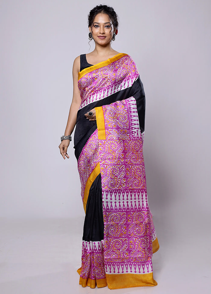 Black Printed Pure Silk Saree Without Blouse Piece