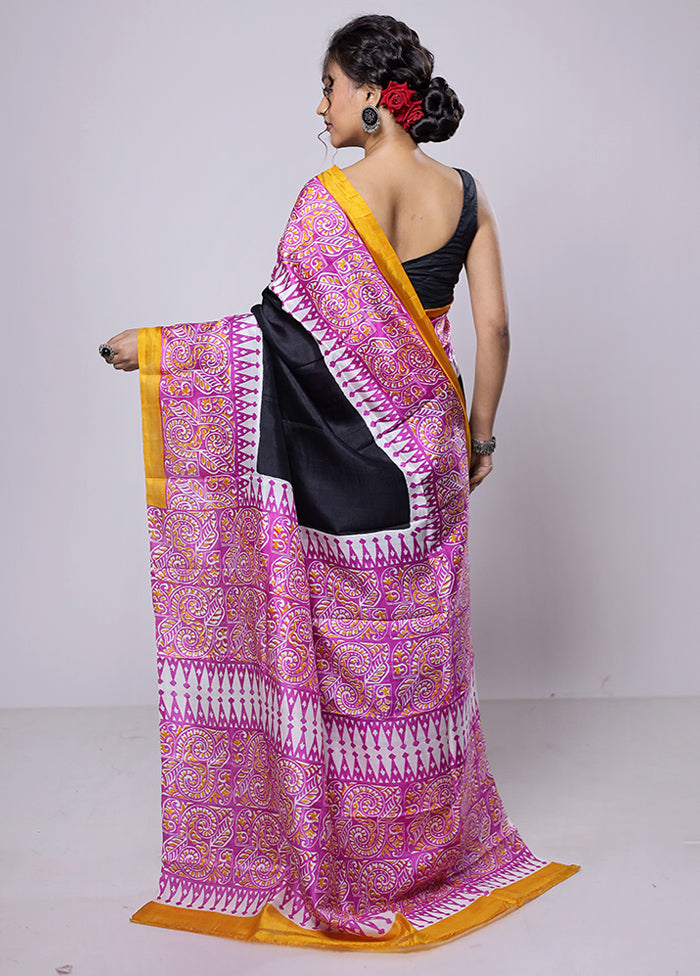 Black Printed Pure Silk Saree Without Blouse Piece