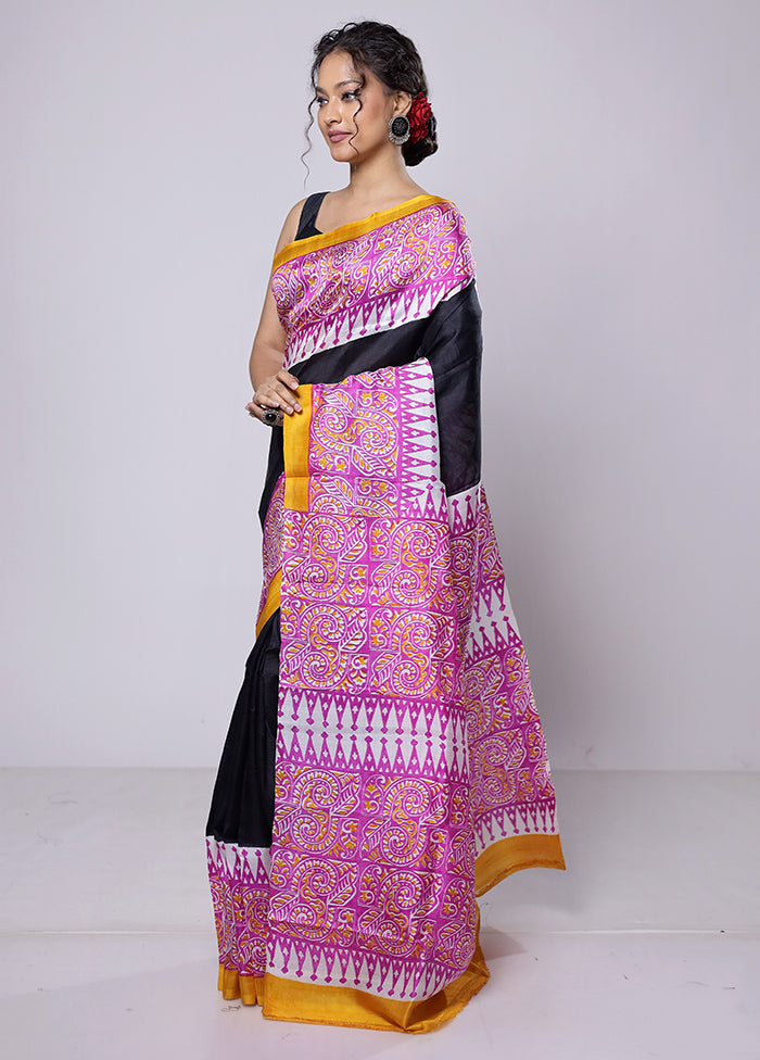 Black Printed Pure Silk Saree Without Blouse Piece