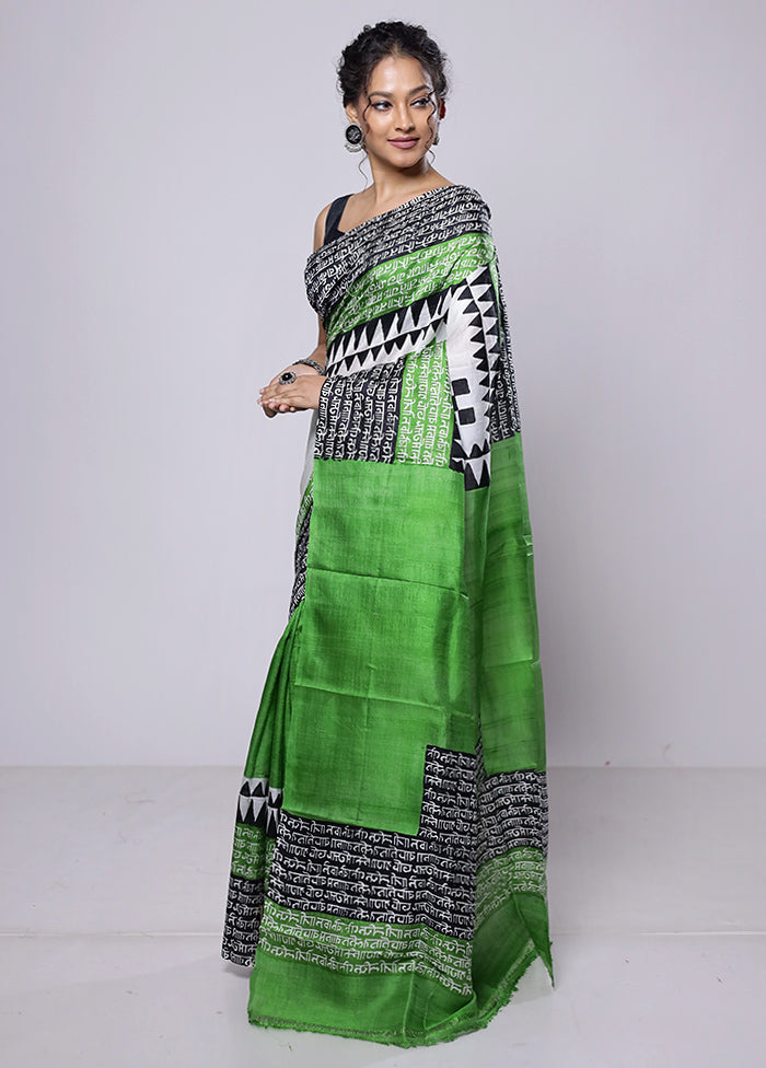 Green Printed Pure Silk Saree Without Blouse Piece