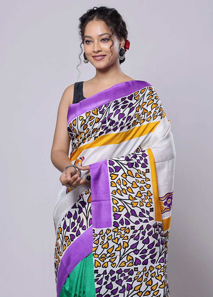 White Printed Pure Silk Saree Without Blouse Piece