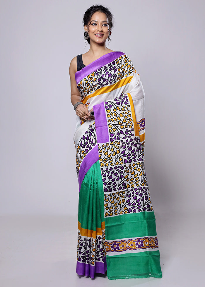 White Printed Pure Silk Saree Without Blouse Piece