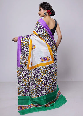 White Printed Pure Silk Saree Without Blouse Piece