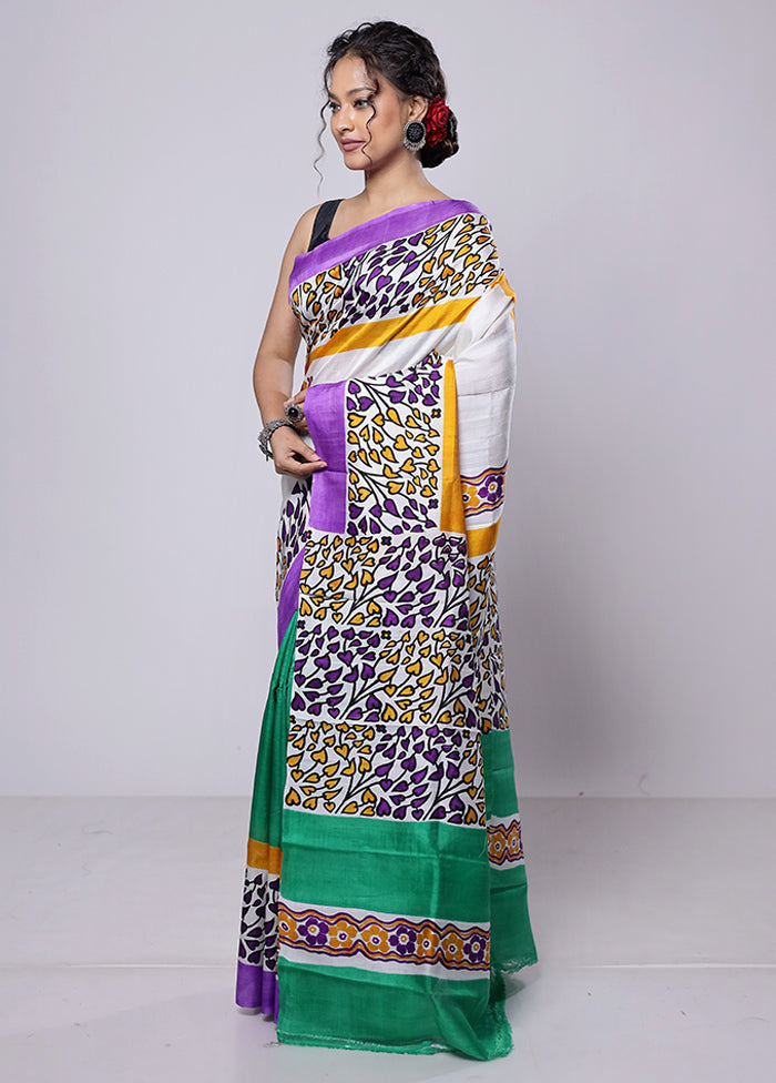 White Printed Pure Silk Saree Without Blouse Piece