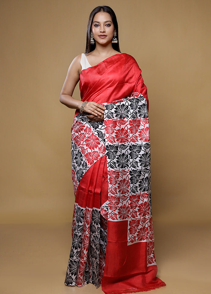 Red Printed Pure Silk Saree Without Blouse Piece