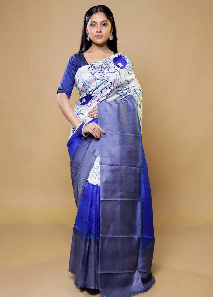 Blue Printed Pure Silk Saree Without Blouse Piece