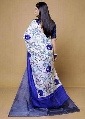 Blue Printed Pure Silk Saree Without Blouse Piece