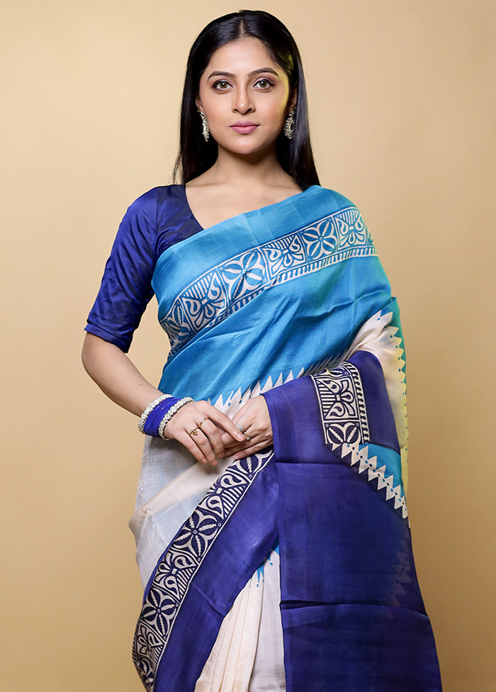 Blue Printed Pure Silk Saree Without Blouse Piece