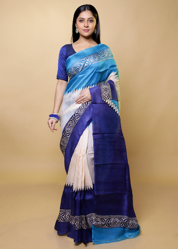 Blue Printed Pure Silk Saree Without Blouse Piece