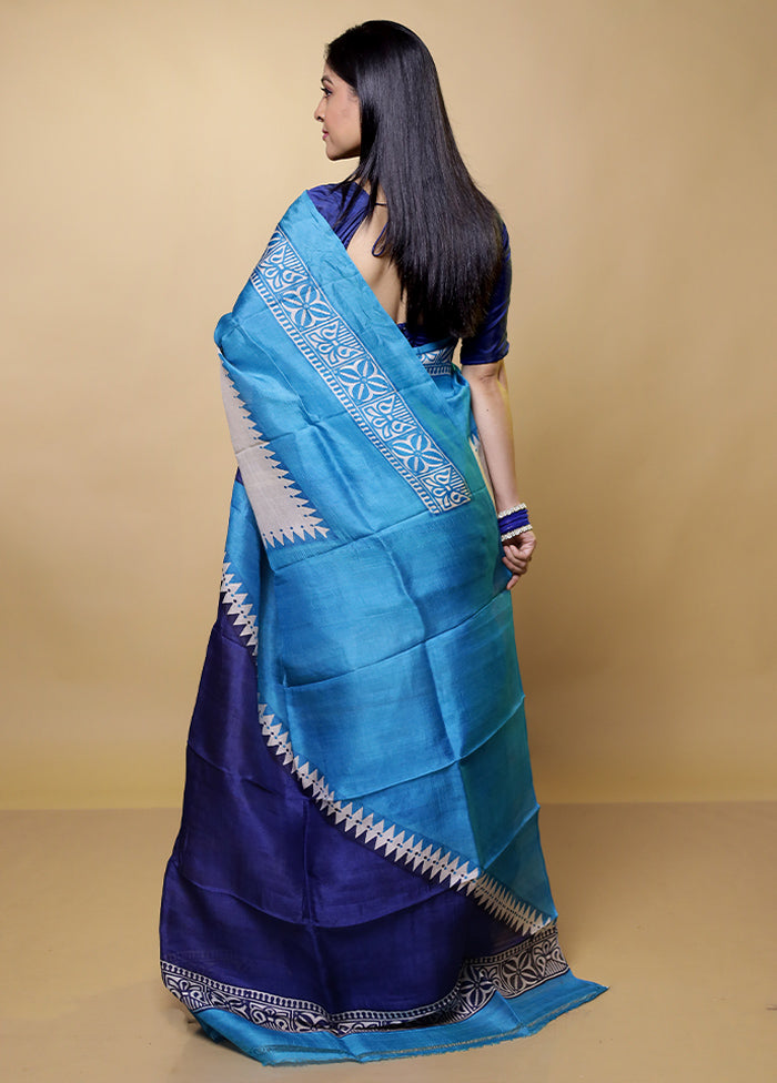 Blue Printed Pure Silk Saree Without Blouse Piece