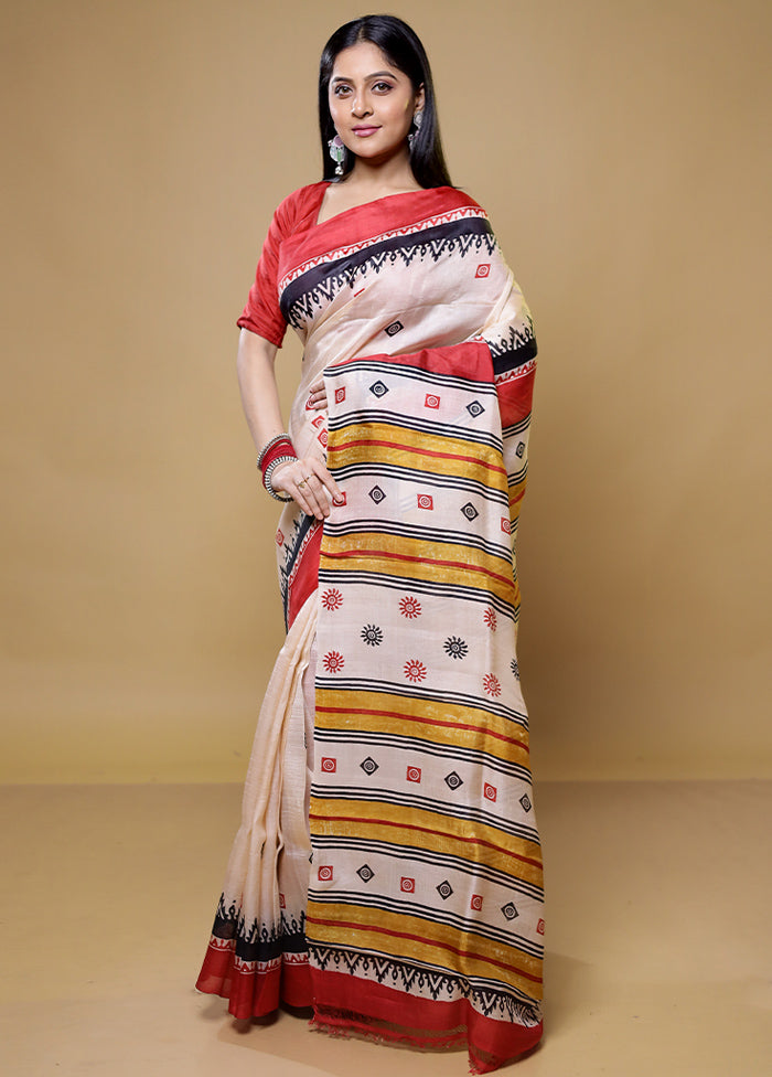 Cream Printed Pure Silk Saree Without Blouse Piece