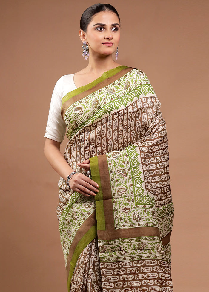 Green Printed Pure Silk Saree Without Blouse Piece