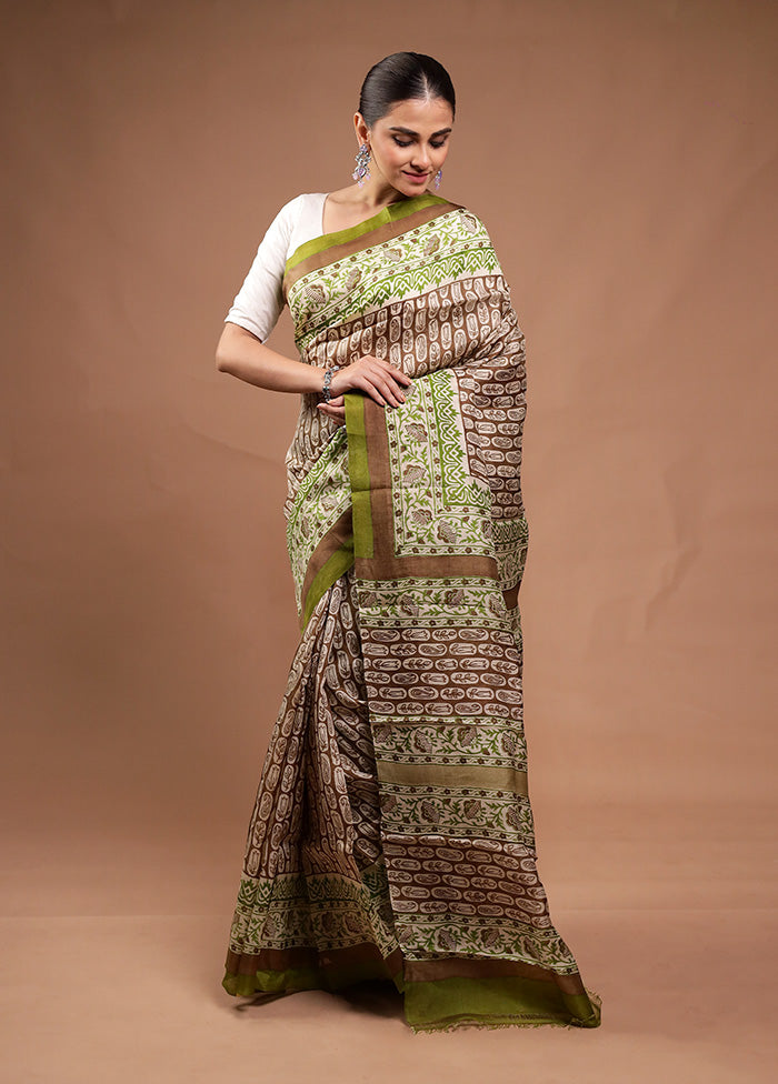 Green Printed Pure Silk Saree Without Blouse Piece