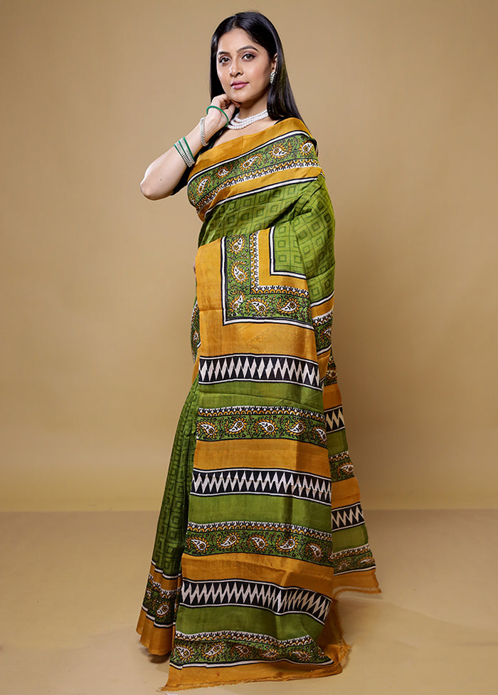 Green Printed Pure Silk Saree Without Blouse Piece