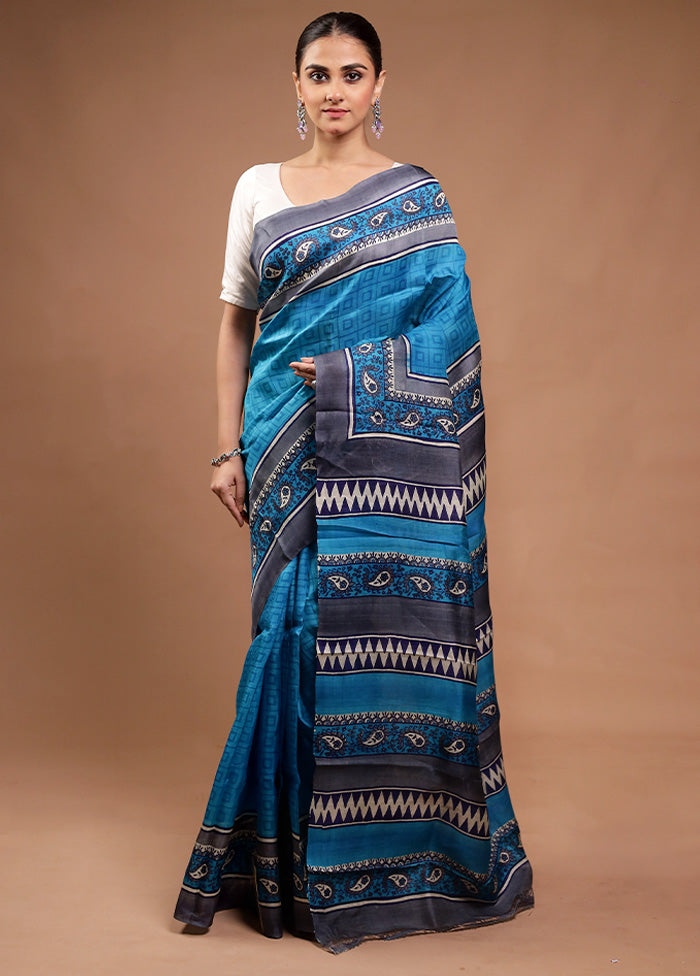 Blue Printed Pure Silk Saree Without Blouse Piece