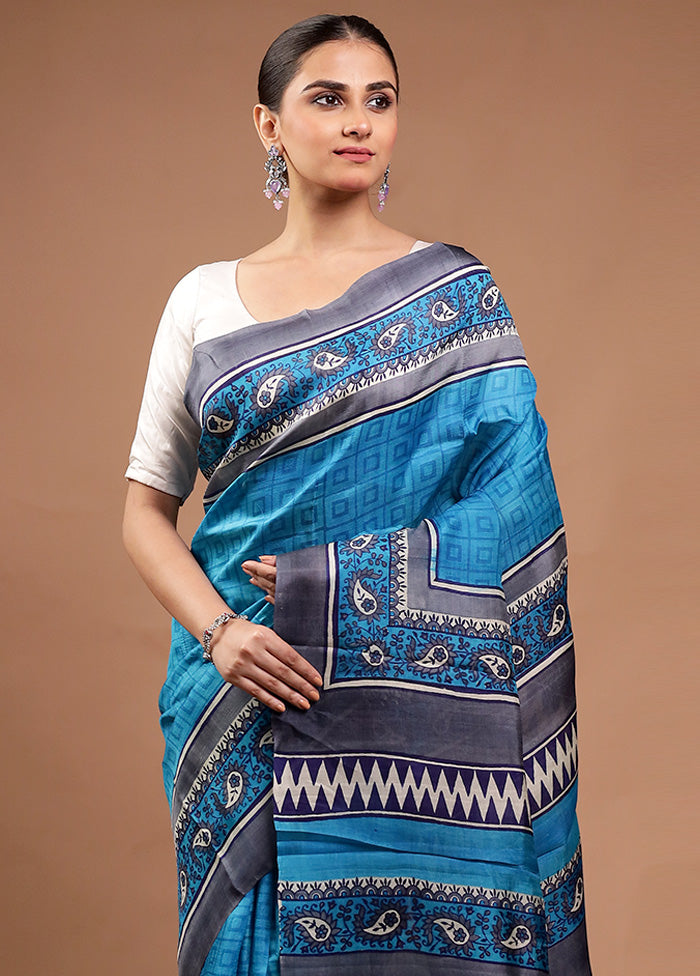 Blue Printed Pure Silk Saree Without Blouse Piece