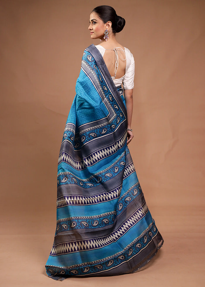 Blue Printed Pure Silk Saree Without Blouse Piece