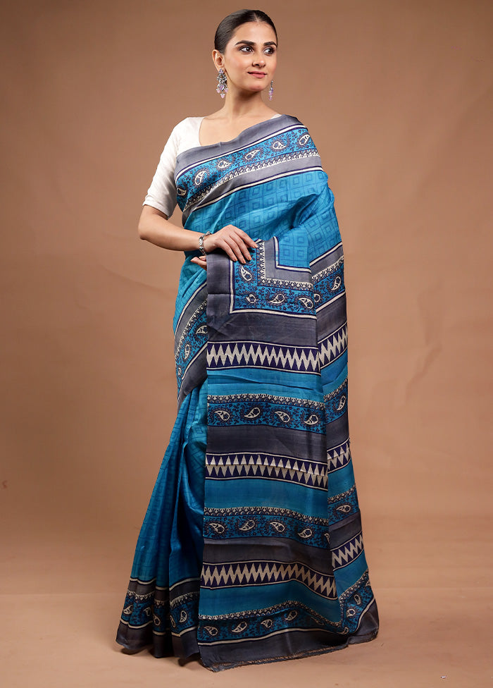 Blue Printed Pure Silk Saree Without Blouse Piece