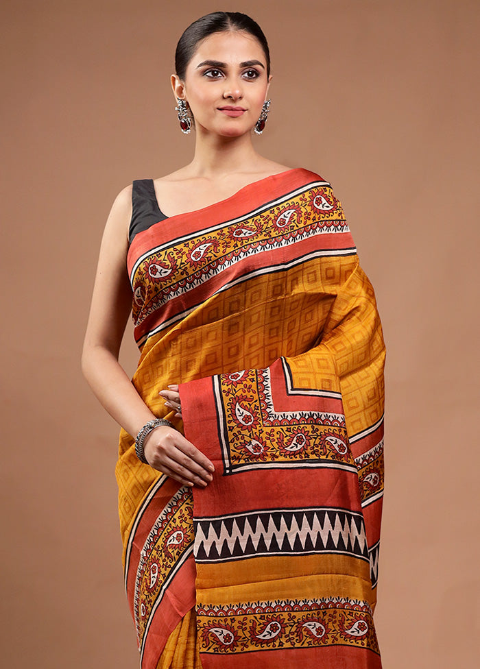 Yellow Printed Pure Silk Saree Without Blouse Piece