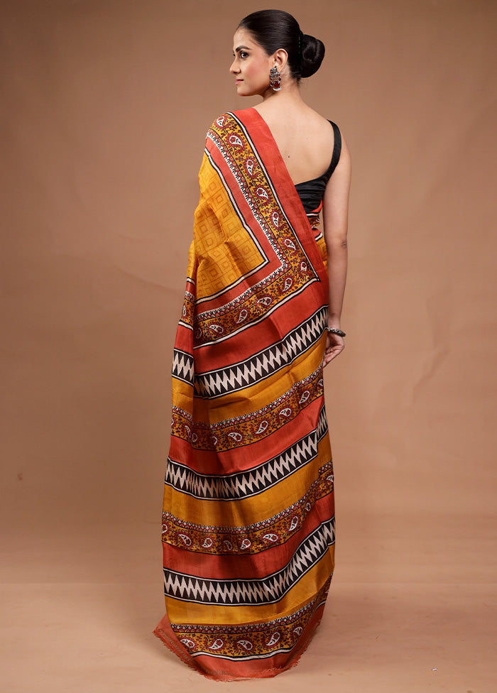 Yellow Printed Pure Silk Saree Without Blouse Piece