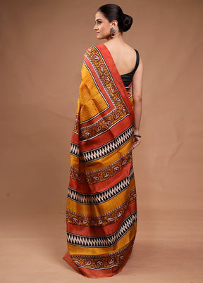 Yellow Printed Pure Silk Saree Without Blouse Piece