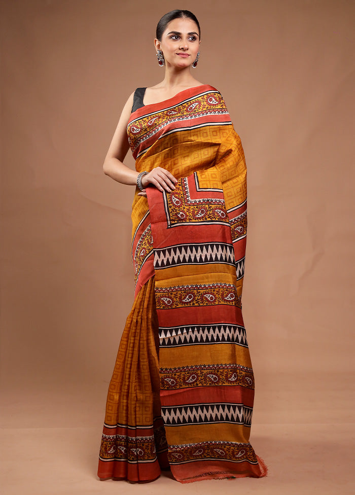Yellow Printed Pure Silk Saree Without Blouse Piece