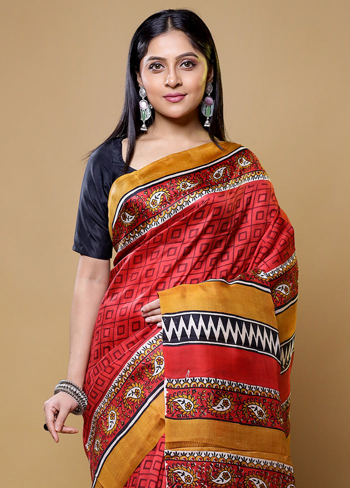 Red Printed Pure Silk Saree Without Blouse Piece