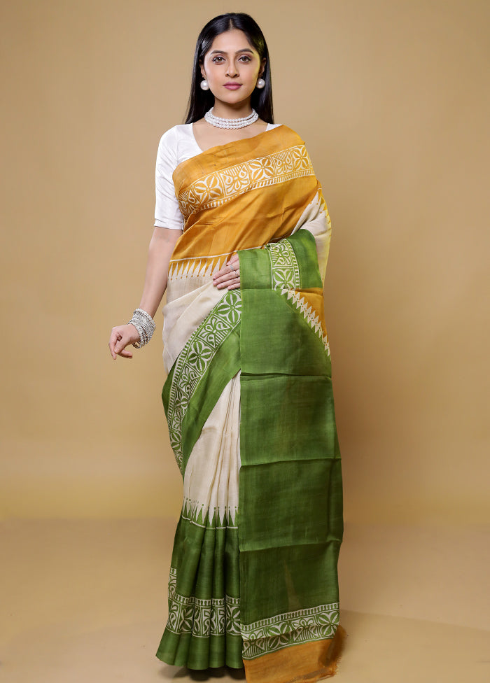 Green Printed Pure Silk Saree Without Blouse Piece