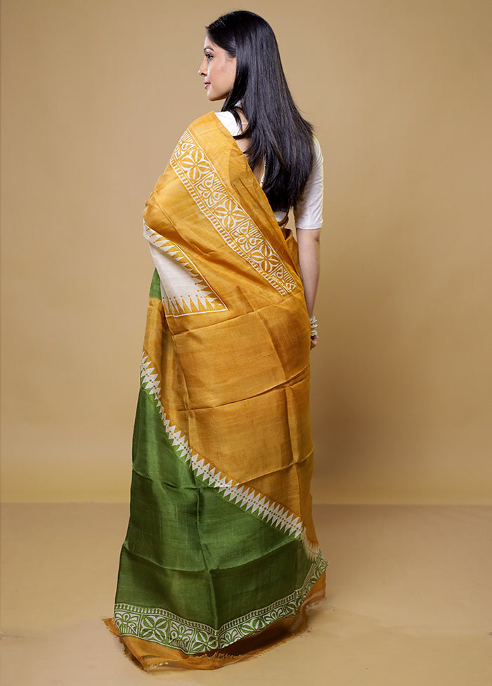 Green Printed Pure Silk Saree Without Blouse Piece