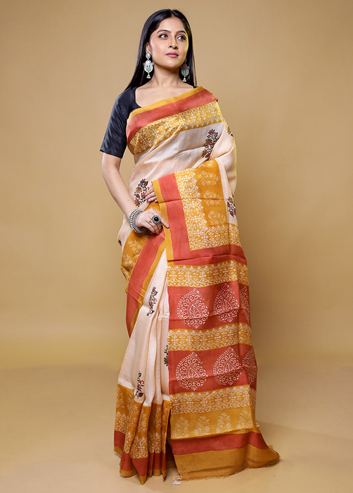 Cream Printed Pure Silk Saree Without Blouse Piece