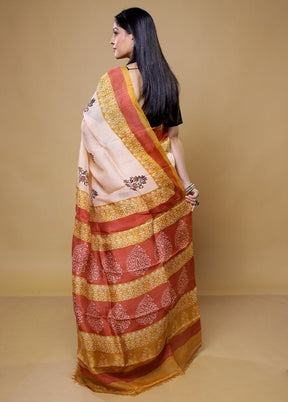 Cream Printed Pure Silk Saree Without Blouse Piece