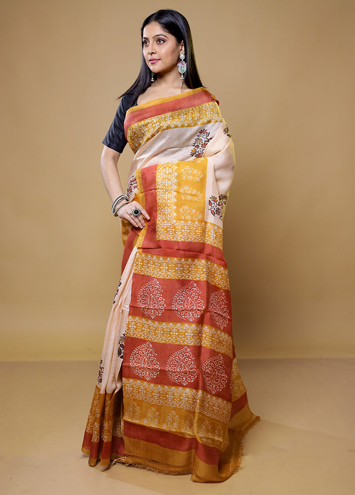 Cream Printed Pure Silk Saree Without Blouse Piece