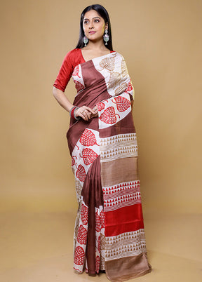 Brown Printed Pure Silk Saree Without Blouse Piece