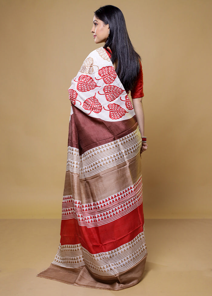 Brown Printed Pure Silk Saree Without Blouse Piece