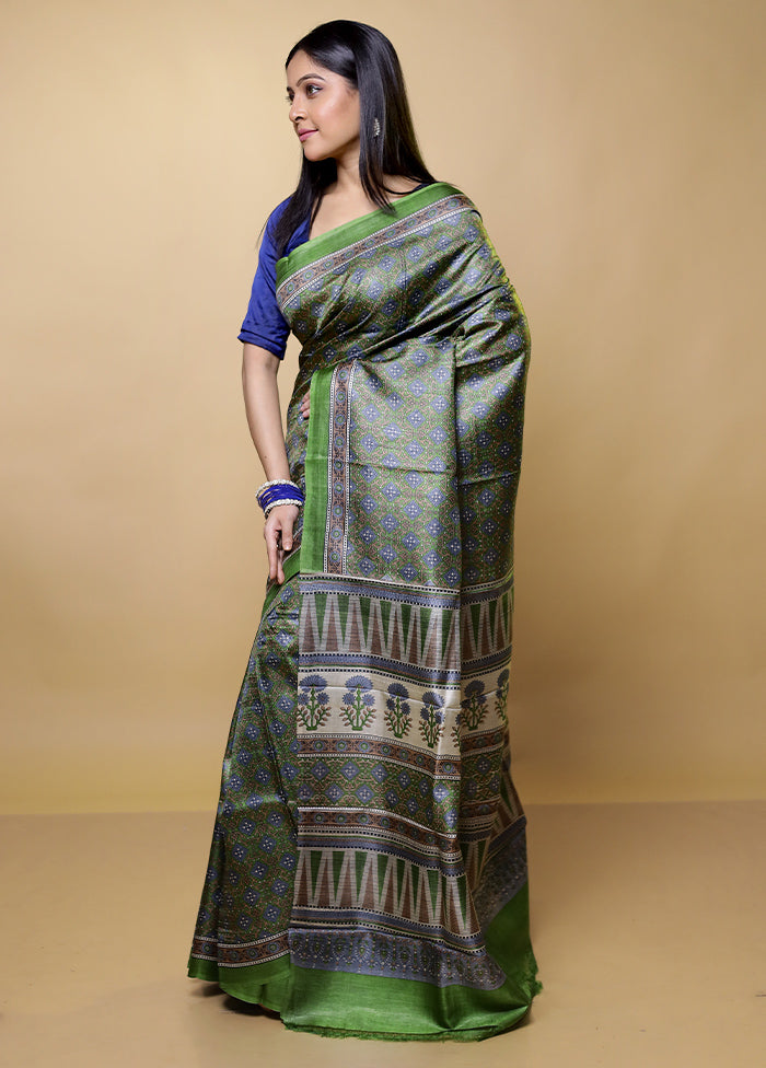 Green Handloom Tussar Pure Silk Saree With Blouse Piece