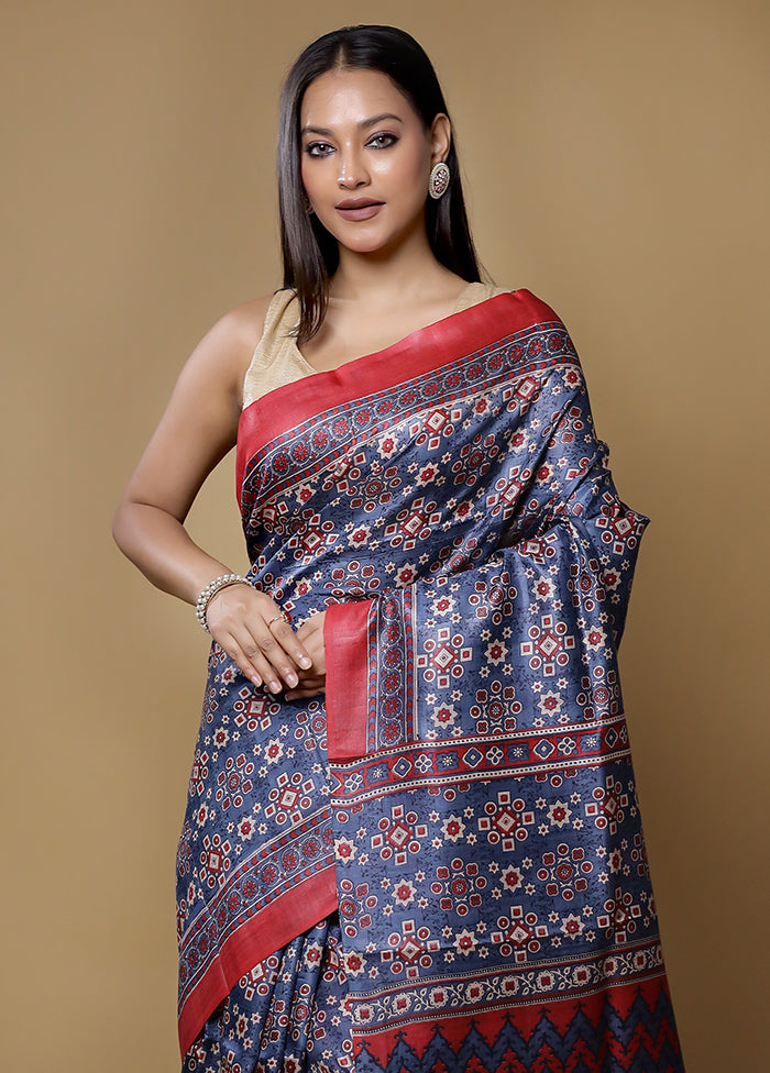 Grey Handloom Tussar Pure Silk Saree With Blouse Piece