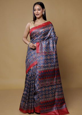 Grey Handloom Tussar Pure Silk Saree With Blouse Piece