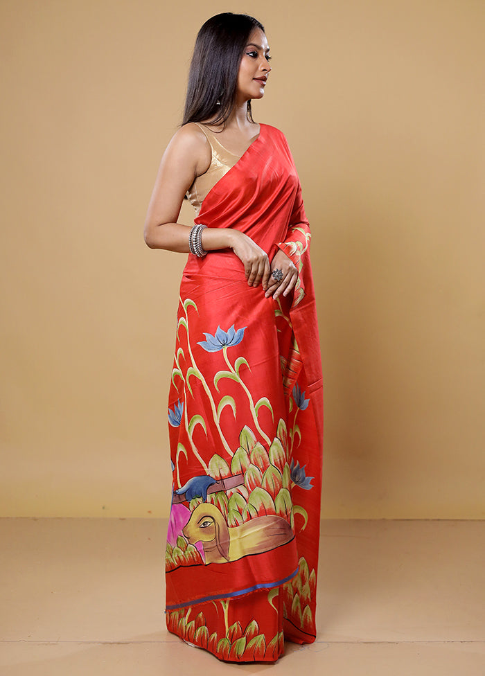 Orange Pure Bishnupuri Silk Saree With Blouse Piece