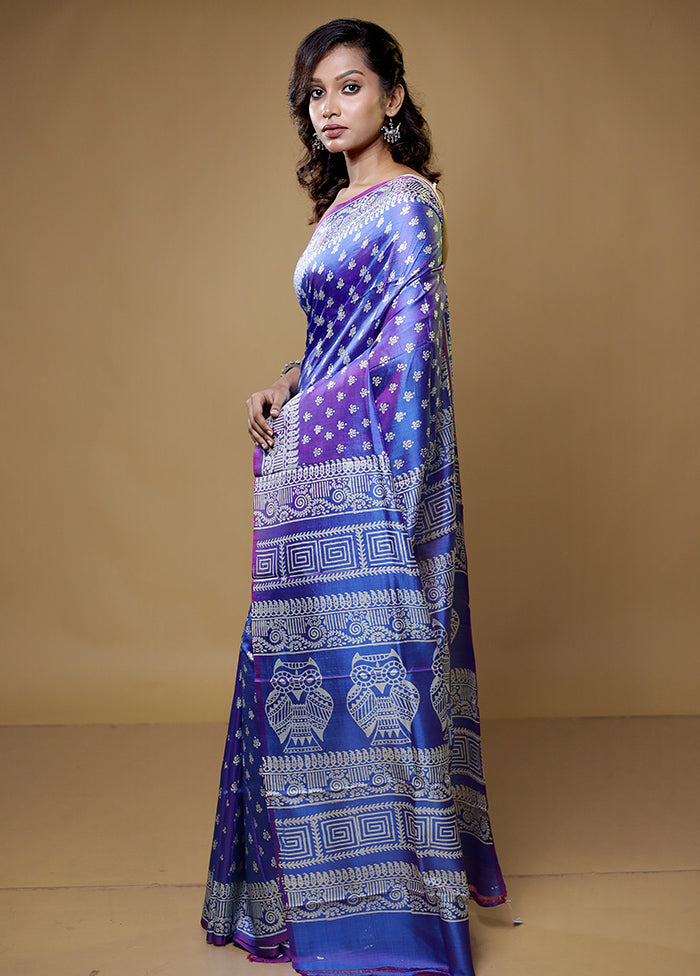 Blue Pure Bishnupuri Silk Saree Without Blouse Piece