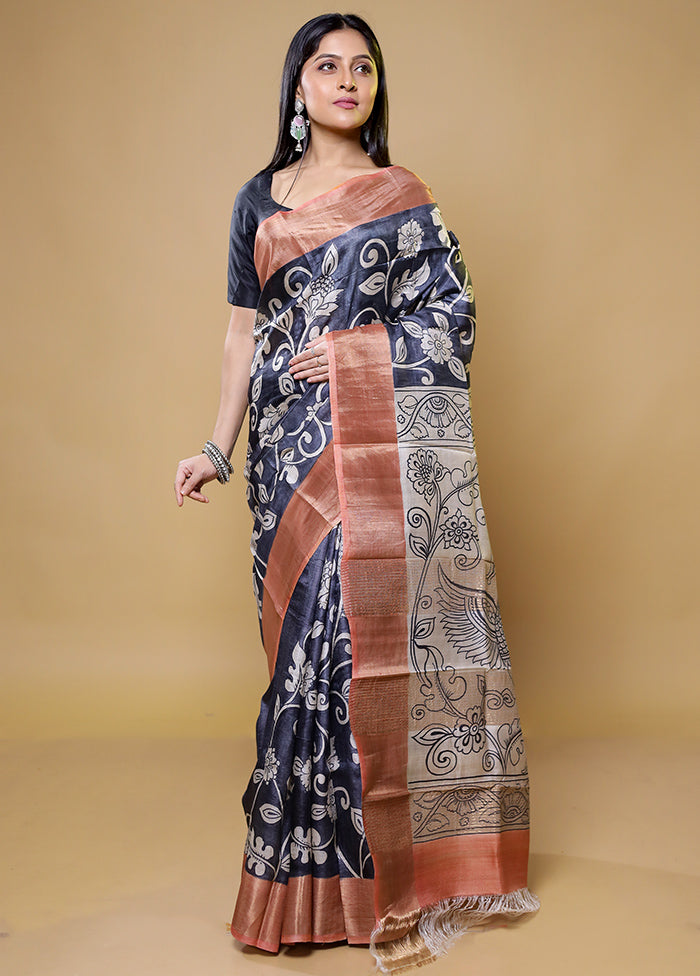 Blue Tussar Silk Saree With Blouse Piece