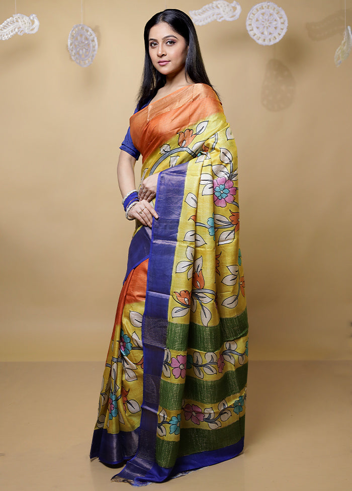 Yellow Tussar Silk Saree With Blouse Piece