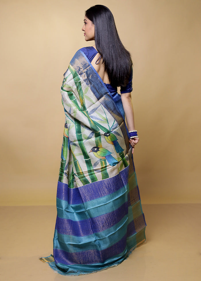 Blue Tussar Silk Saree With Blouse Piece