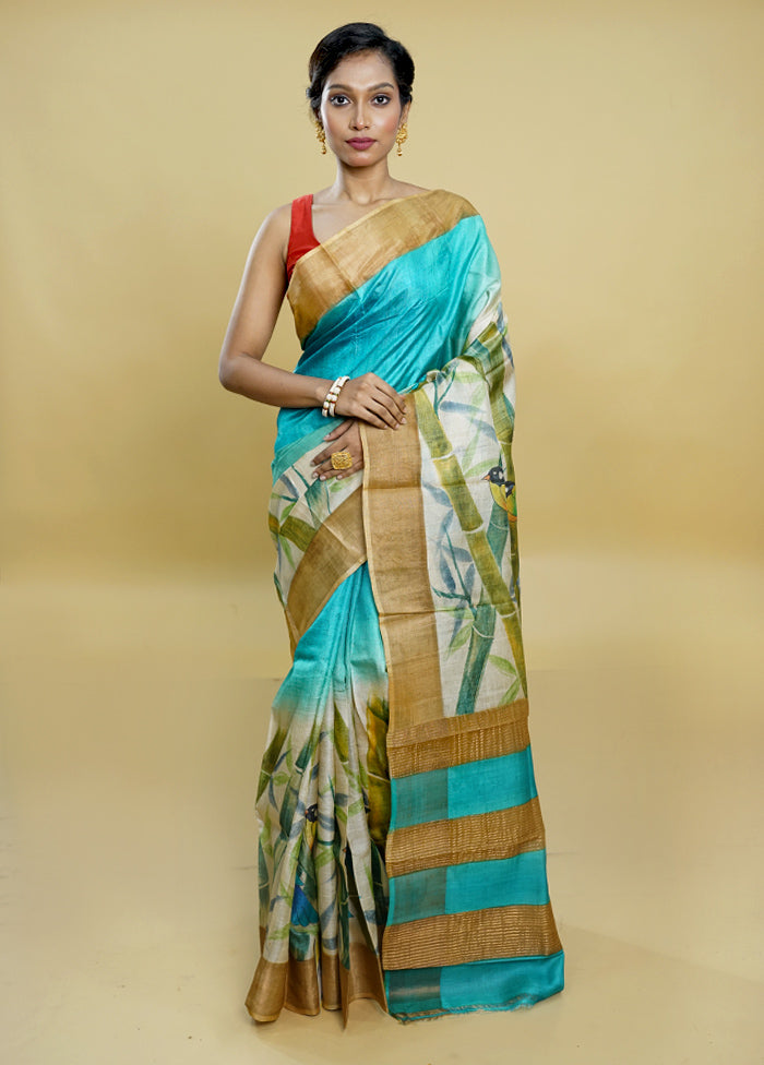 Cream Tussar Silk Saree With Blouse Piece