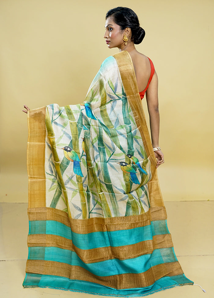 Cream Tussar Silk Saree With Blouse Piece