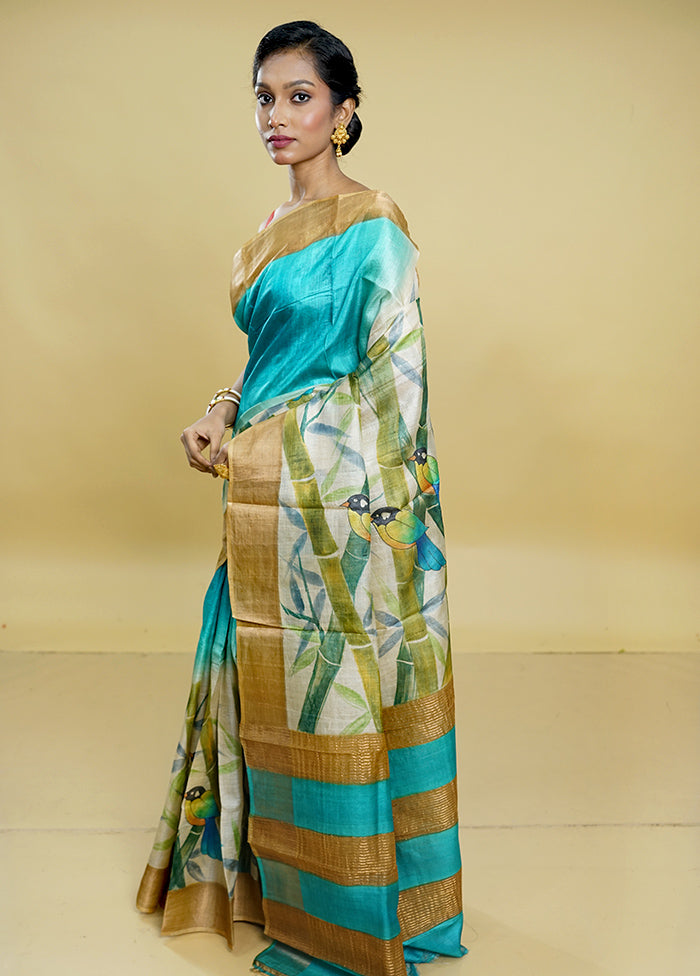 Cream Tussar Silk Saree With Blouse Piece