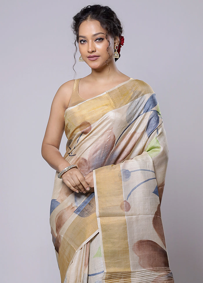 Cream Tussar Silk Saree With Blouse Piece